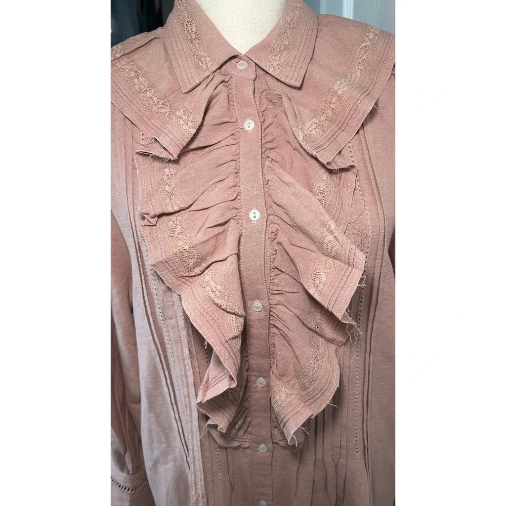 Free People Romi Mini Shirt Dress Small Pink Cashmere Ruffle Lace Boho Tunic NWT